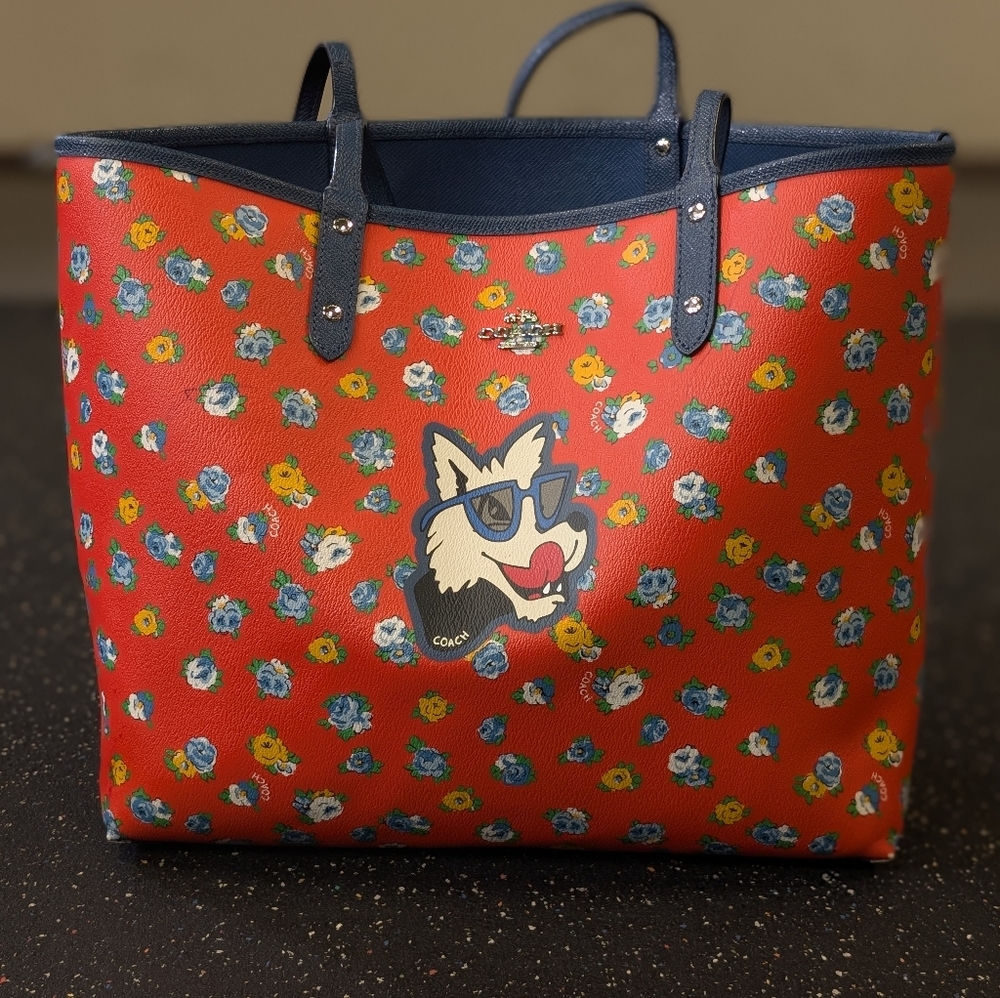 COACH Reversible City Tote Bag - Blue - Dog Orange Floral-